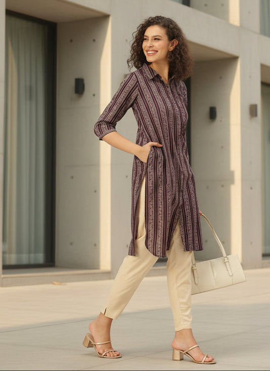 Maroon Pure Cotton Striped Printed Straight Kurta,  Shirt Collar kurta, printed kurta, Straight Kurta, Striped Printed