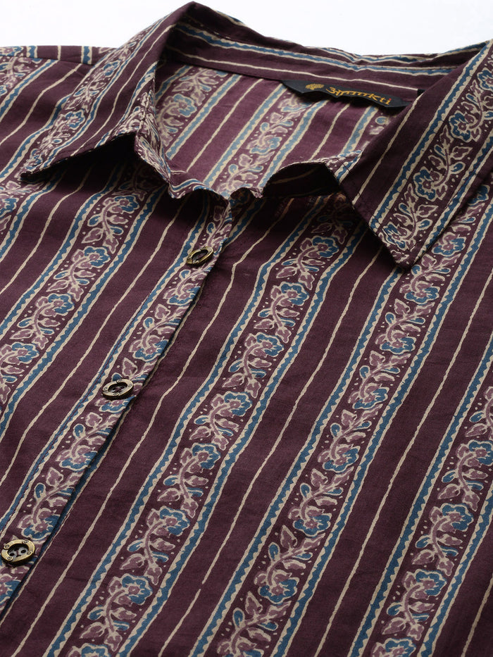 Maroon Pure Cotton Striped Printed Straight Kurta,  Shirt Collar kurta, printed kurta, Straight Kurta, Striped Printed