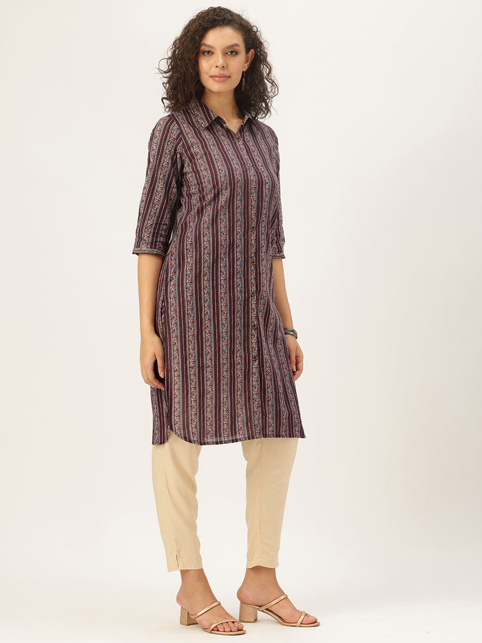 Maroon Pure Cotton Striped Printed Straight Kurta,  Shirt Collar kurta, printed kurta, Straight Kurta, Striped Printed