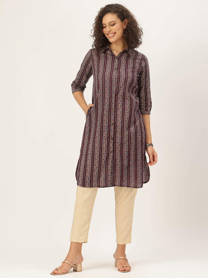 Maroon Pure Cotton Striped Printed Straight Kurta,  Shirt Collar kurta, printed kurta, Straight Kurta, Striped Printed