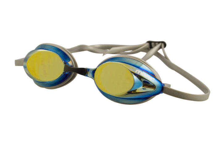 Maru Pulse Mirror Goggle in silver with adjustable strap and reflective lens, designed for swimming or water sports.