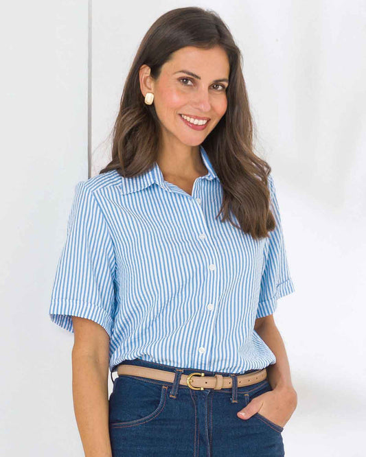 Maryanne Striped Cotton Mix Short Sleeve Blouse - Blue - Image 1 - The Classic Boutique