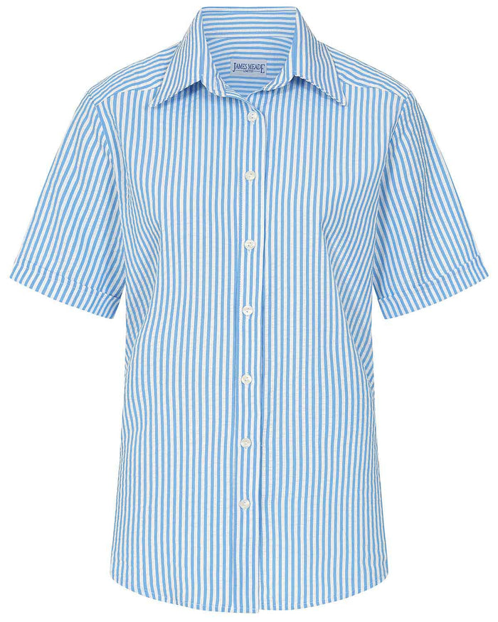 Maryanne Striped Cotton Mix Short Sleeve Blouse - Blue - Image 3 - The Classic Boutique
