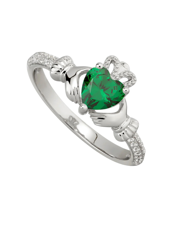 May Birthstone Emerald Sterling Silver Claddagh Ring