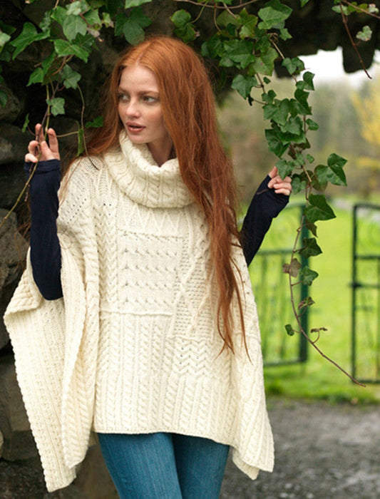 Merino Wool Patchwork Poncho with Collar - Natural White #color_natural-white