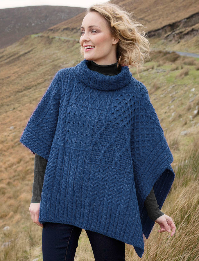 Merino Wool Patchwork Poncho with Collar - Denim Marl #color_denim-marl