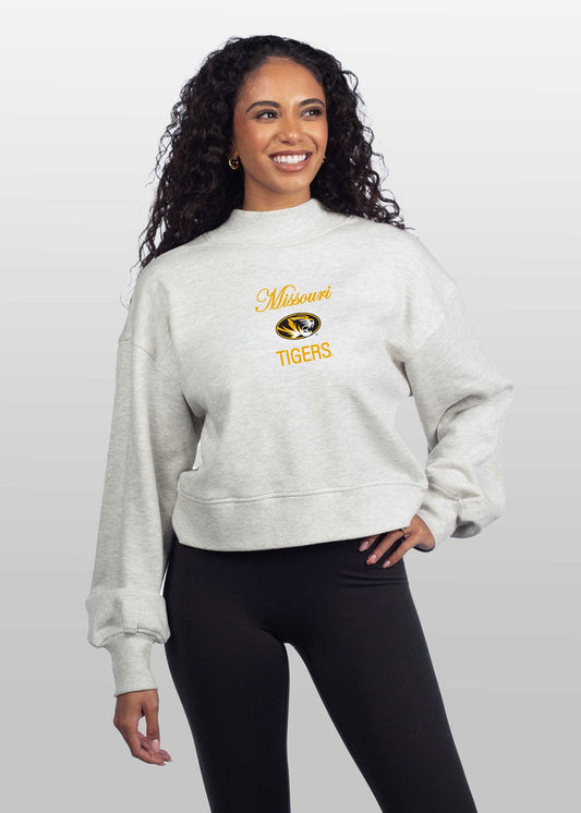 Missouri Tigers Women's Ash-Grey Relaxed, waist-length Heavyweight Fleece Sweatshirt with mock neck, drop shoulders and balloon sleeves