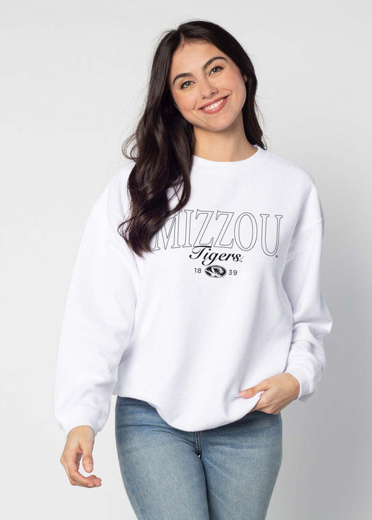 Missouri Tigers Unisex White Oversized Premium cotton corded fleece Sweatshirt with Super soft hand feel, vintage wash and ribbed crew neckline, cuffs, and hemline