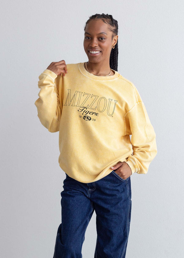 Missouri Tigers Unisex Gold Oversized Premium cotton corded fleece Sweatshirt with Super soft hand feel, vintage wash and ribbed crew neckline, cuffs, and hemline