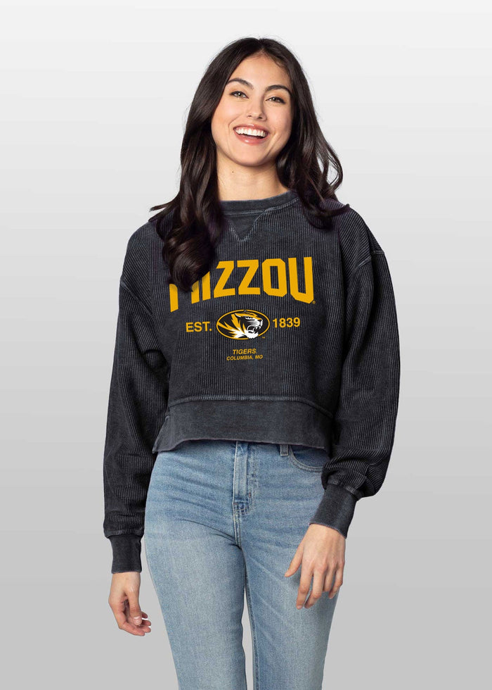 Missouri Tigers Women's Black Relaxed Premium cotton corded fleece Sweatshirt with Super soft hand feel, vintage wash, side slits and ribbed crew neckline, cuffs, and hemline