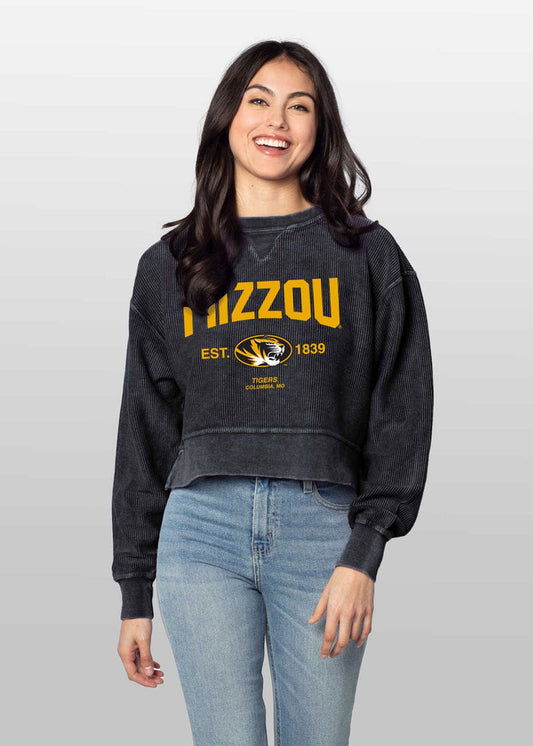 Missouri Tigers Women's Black Relaxed Premium cotton corded fleece Sweatshirt with Super soft hand feel, vintage wash, side slits and ribbed crew neckline, cuffs, and hemline