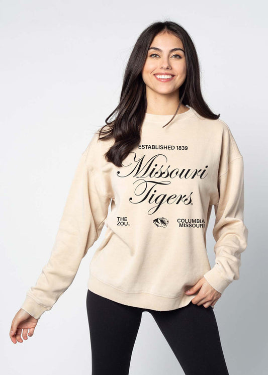 Missouri Tigers Unisex Oatmeal Oversized Burnout fleece Sweatshirt with Ribbed crew neckline, cuffs, hem, dropped shoulders and relaxed bottom hem