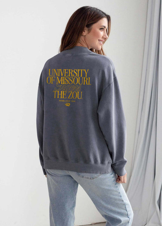 Missouri Tigers Women's Smoke Oversized Salt wash fleece Sweatshirt with Mock neck, worn out look, long sleeves and ribbed neckline, cuffs and hem