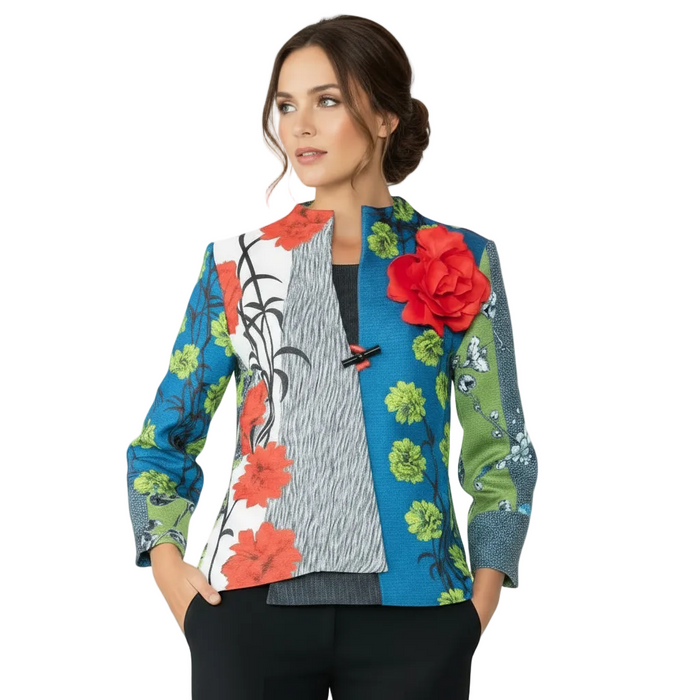 Mixed Floral Asymmetric Jacket W/Detachable Rose - 6160J-RD