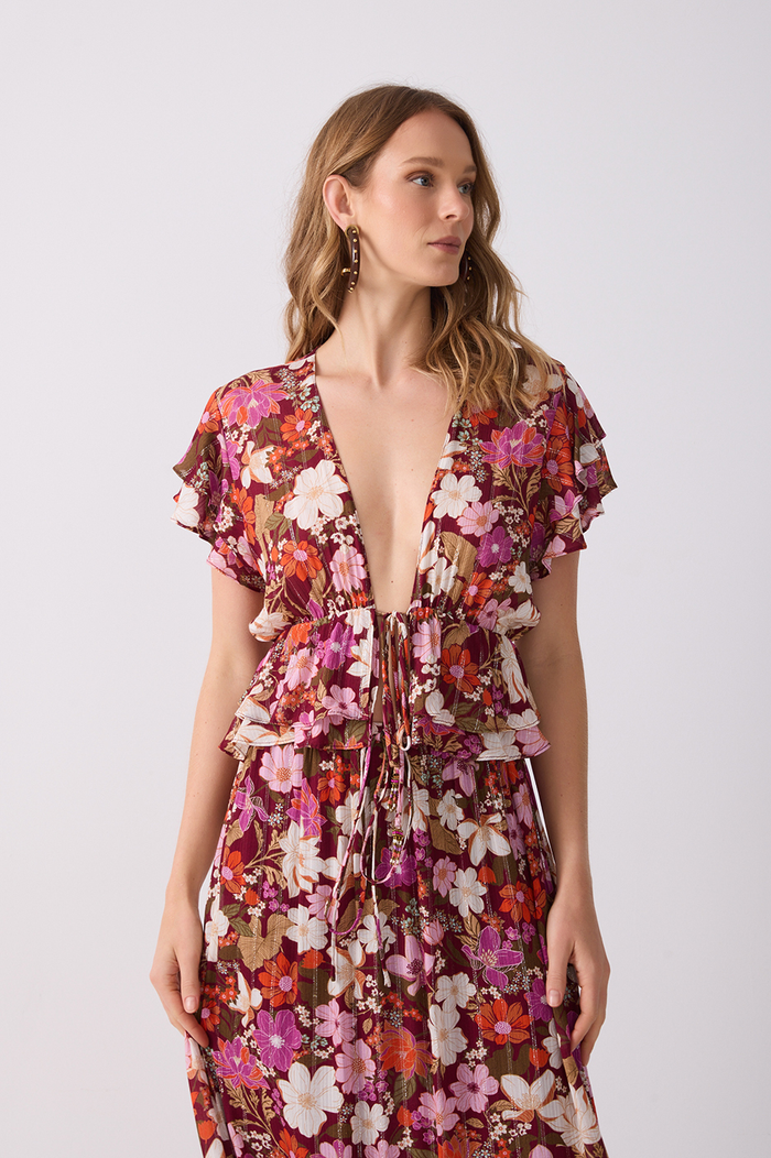 Mixed Lurex Plunging Neck Ruffled Blouse_2