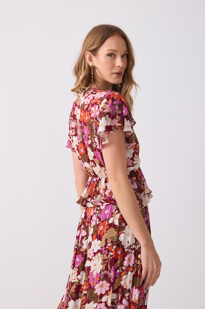 Mixed Lurex Plunging Neck Ruffled Blouse_5