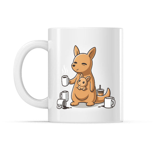 Ceramic Mug_Mom’s Morning Coffee white mug featuring a mother kangaroo holding a cup of coffee.