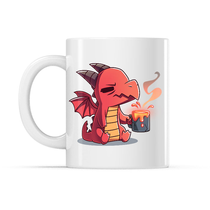 Ceramic Mug_TeeTurtle Morning Magma white mug featuring a sleepy dragon holding a cup of coffee.