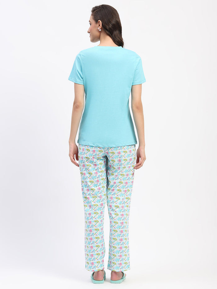 mSECRET Blue Cotton T-Shirt and Floral Print Pyjama Nightsuit