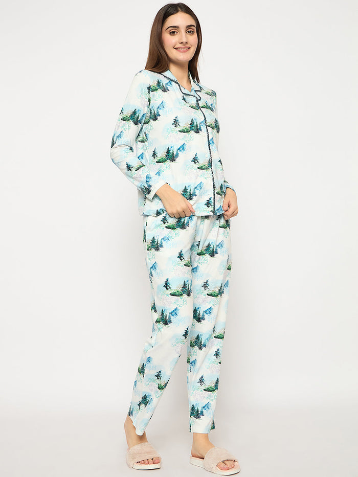 mSECRET Botanical Print Notch Lapel Top and Bottom Teal Night Suit