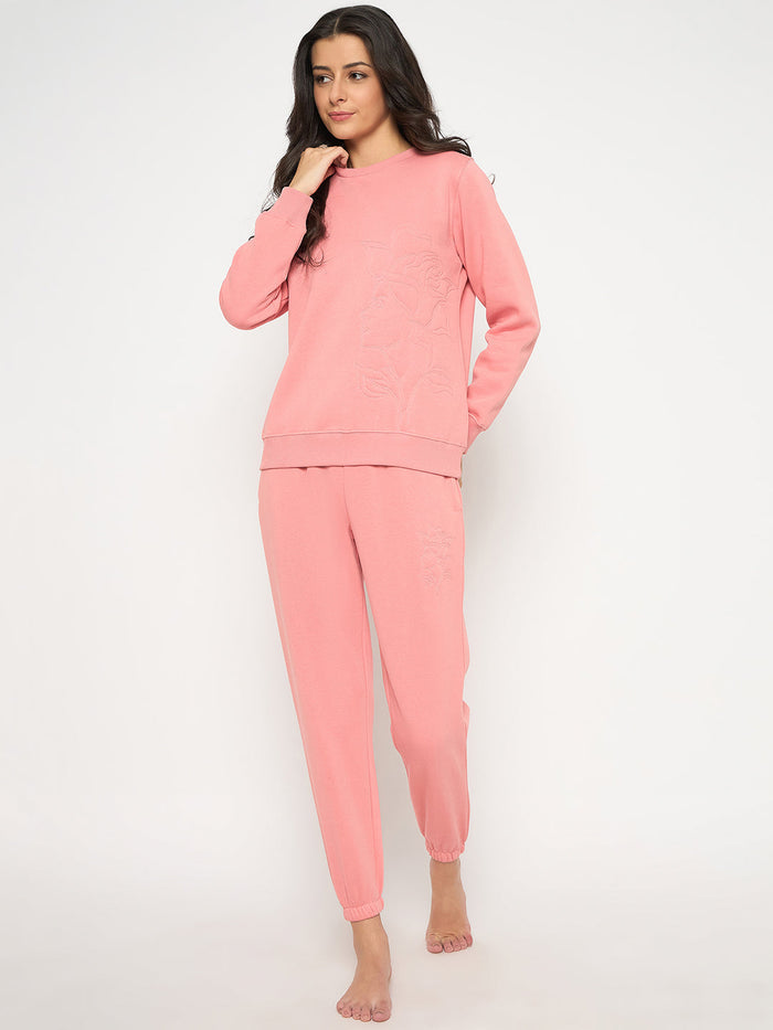 mSECRET Cotton Blend Embossed Detailed Top and Bottom Pink Night Suit