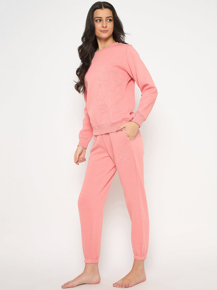 mSECRET Cotton Blend Embossed Detailed Top and Bottom Pink Night Suit