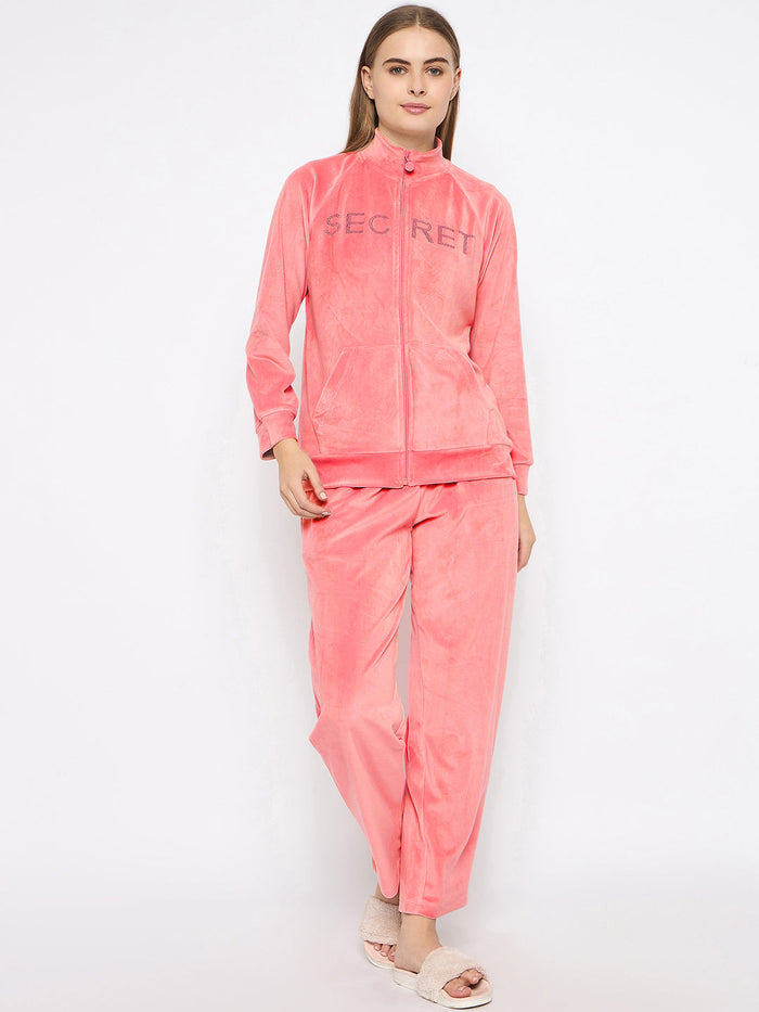 mSECRET Velour Swarovski Detailed Zipped Blush Top and Bottom Night Suit