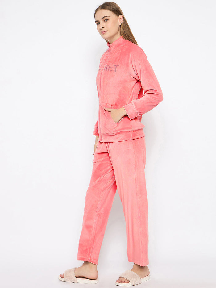 mSECRET Velour Swarovski Detailed Zipped Blush Top and Bottom Night Suit