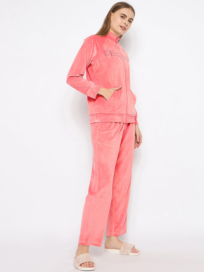 mSECRET Velour Swarovski Detailed Zipped Blush Top and Bottom Night Suit