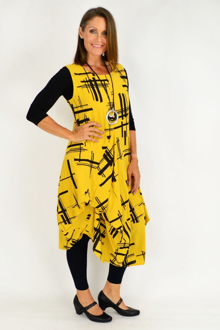 Mustard Coby Panel Cotton Tunic Dress by Whispers, featuring a relaxed fit with panel detailing and short sleeves.
