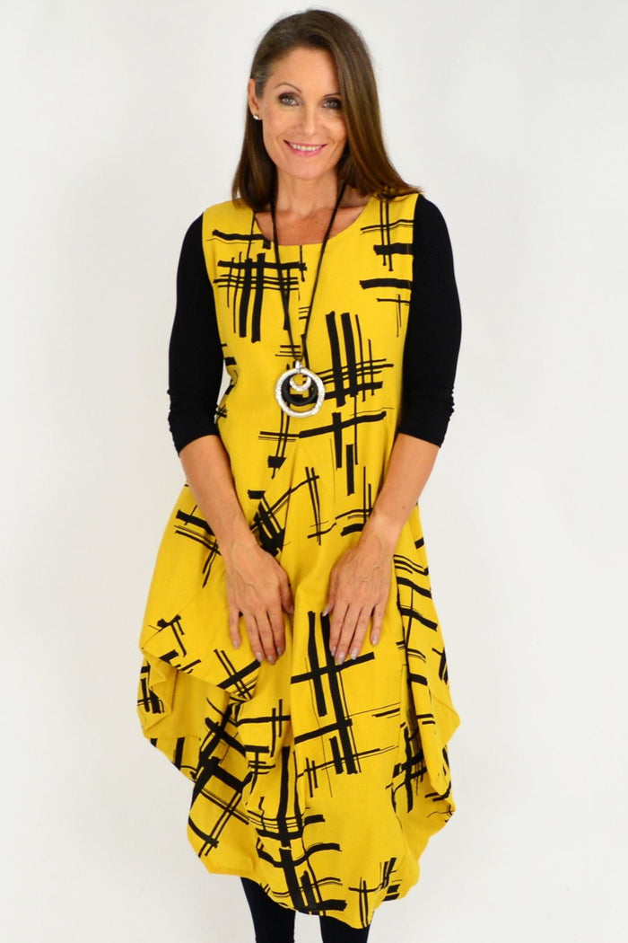 Mustard Coby Panel Cotton Tunic Dress by Whispers, showing a stylish, knee-length tunic with panel details and long sleeves.
