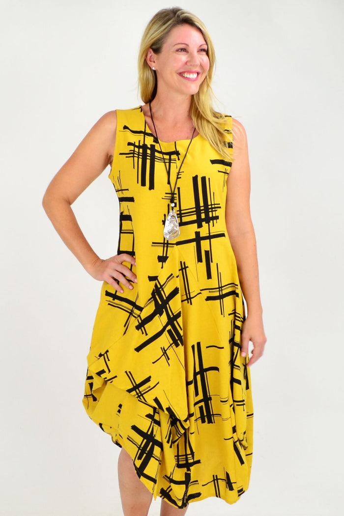 Mustard Coby Panel Cotton Tunic Dress by Whispers, front view showcasing the relaxed fit and panel design in breathable cotton fabric.