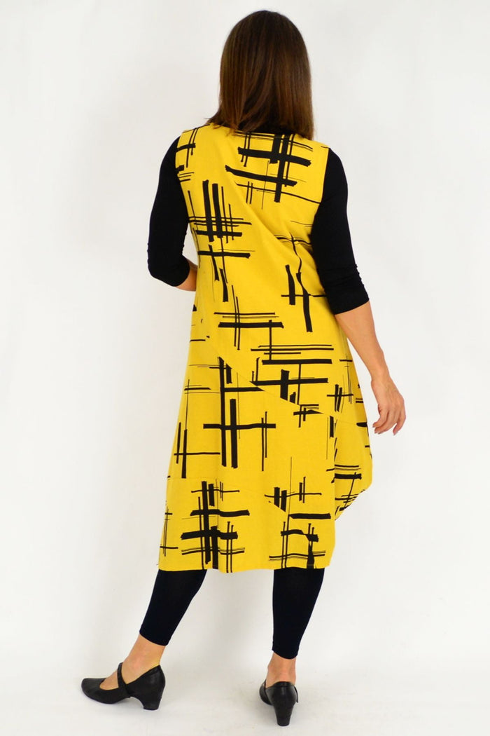 Whispers mustard Coby panel cotton tunic dress displayed flat, featuring a relaxed fit and simple, stylish design.
