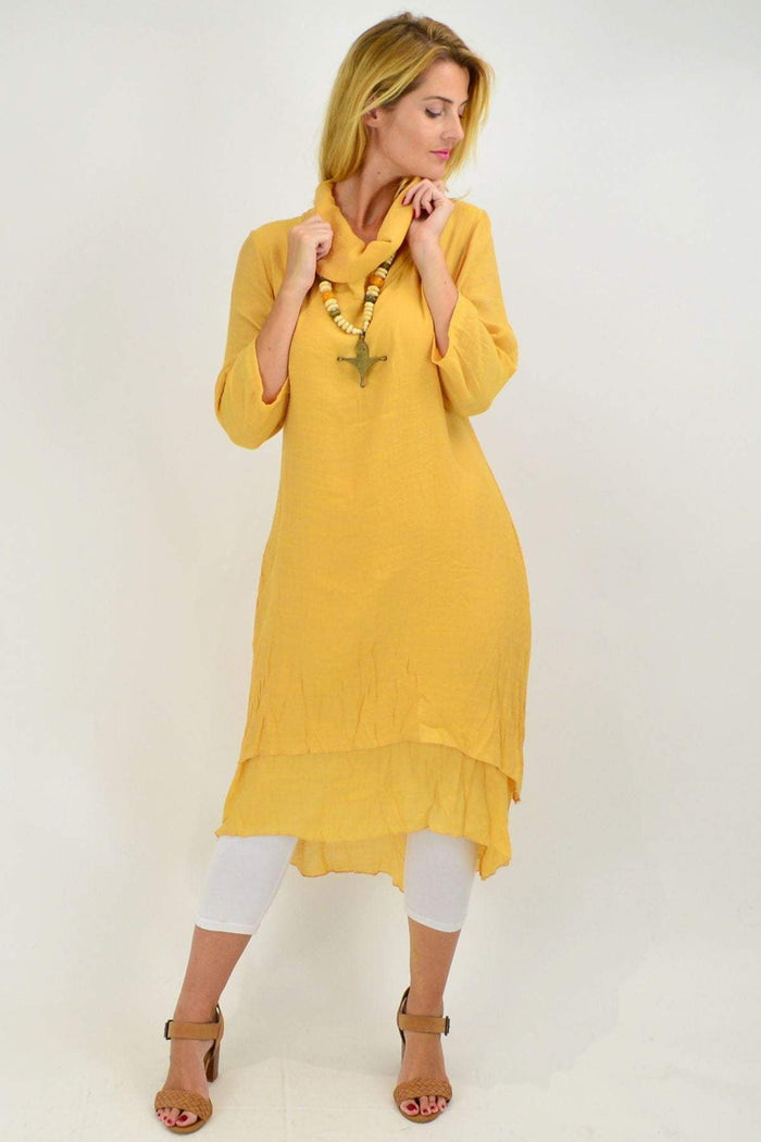 Yellow Mustard Cowl Neck Tunic Dress by Whispers, featuring a cozy cowl neckline and relaxed fit, perfect for casual wear.