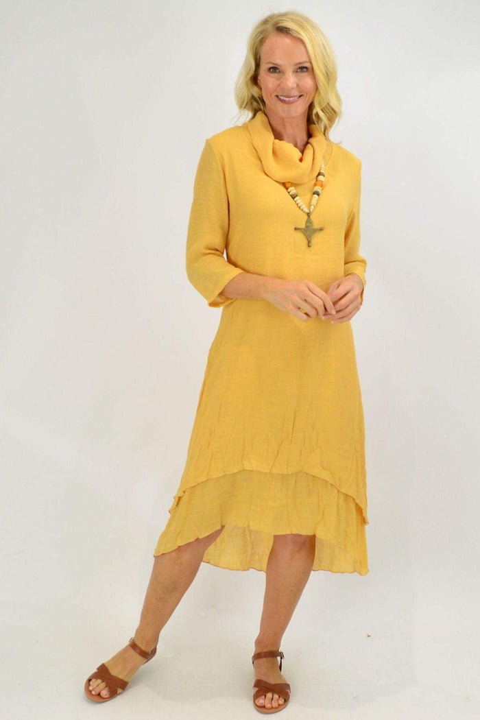 Yellow Mustard Cowl Neck Tunic Dress by Whispers, featuring a cozy cowl neckline and relaxed fit, perfect for casual wear.