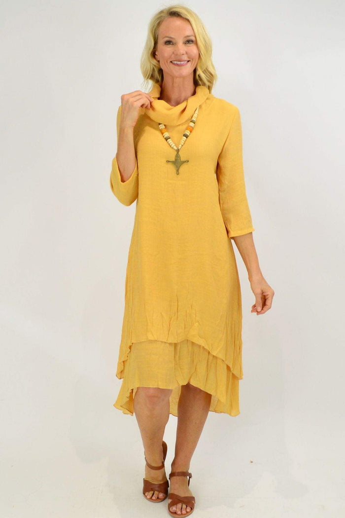 Yellow Mustard Cowl Neck Tunic Dress by Whispers featuring a relaxed fit and soft fabric, displayed on a hanger.