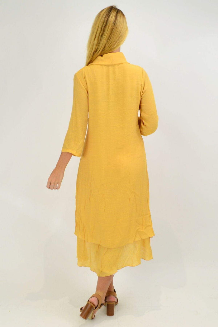 Yellow Mustard Cowl Neck Tunic Dress by Whispers featuring a soft cowl neckline and relaxed fit.