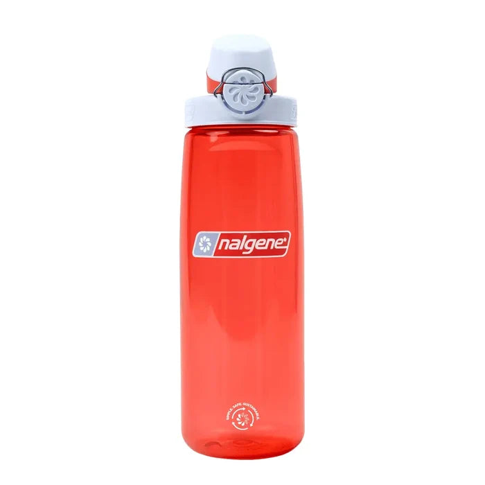 Front detail of a Nalgene 24oz Lock Top Sustain Bottle in coral on a white background showing the lockable lid