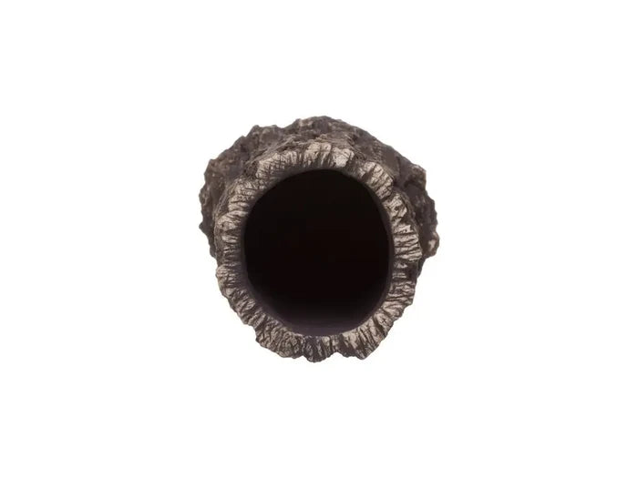 Dark gray textured ceramic aquarium cave with rough rocky exterior and smooth inner rim, Natural Bark style