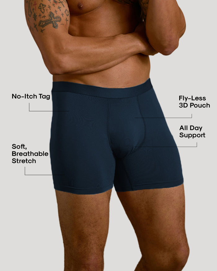 Man wearing Navy Boxer Briefs showcasing soft fabric and 3D pouch.