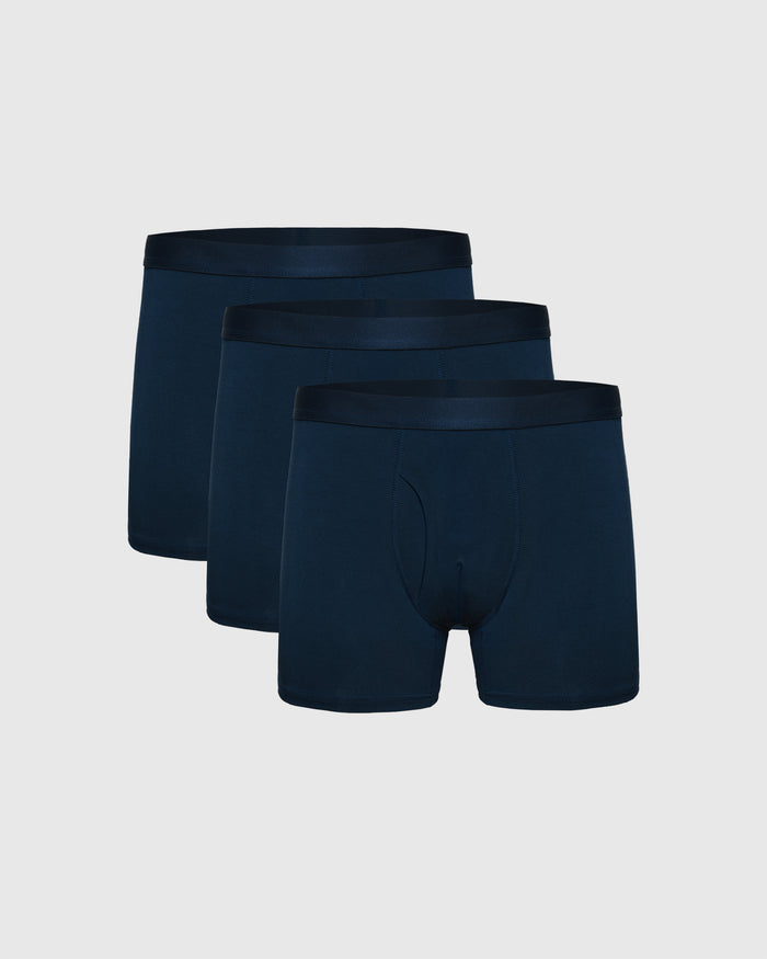 Navy Boxer Trunks W/ Fly 3-Pack, arranged side by side.