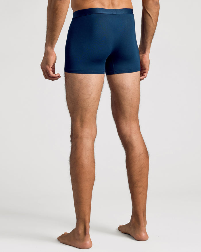 Navy Boxer Trunks W/ Fly 3-Pack, rear view, relaxed fit.
