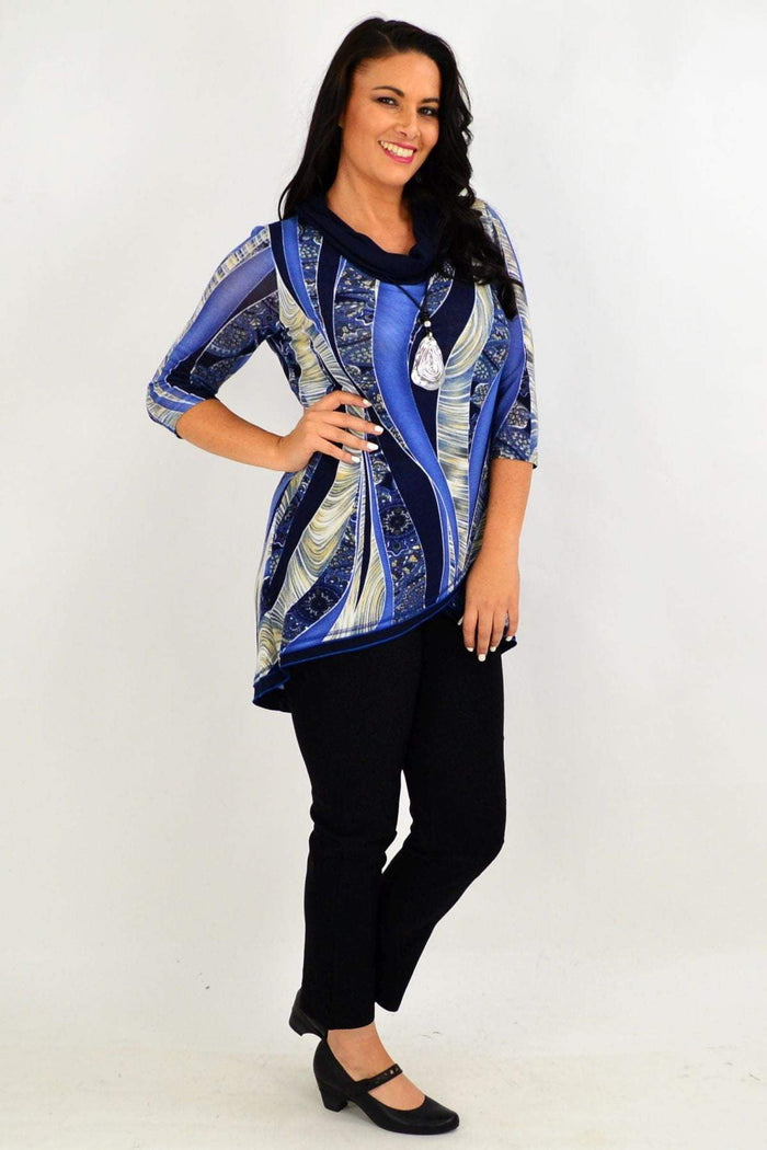 Navy cowl neck tunic top by Whispers, featuring a relaxed fit and soft fabric, displayed on a hanger against a neutral background.