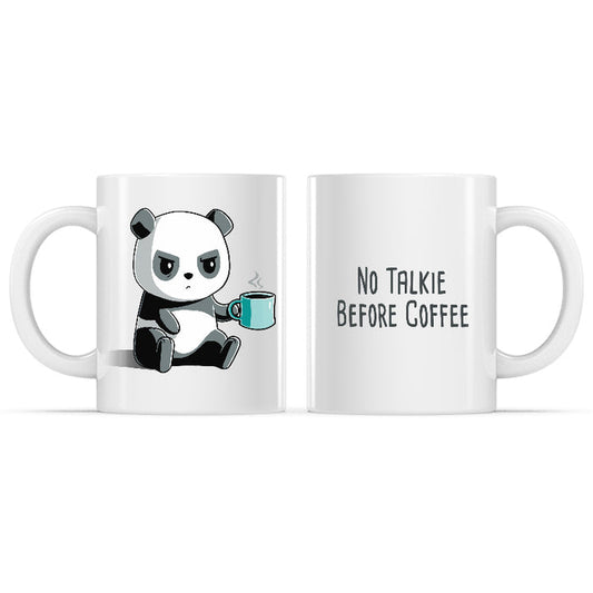 Ceramic Mug_TeeTurtle No Talkie Before Coffee white mug featuring a grumpy panda holding a coffee mug with the caption, "No Talkie Before Coffee".