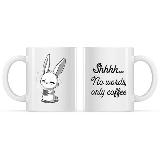 Ceramic Mug_TeeTurtle No Words, Only Coffee white featuring a tired bunny inhaling the scent of coffee with a relieved expression.