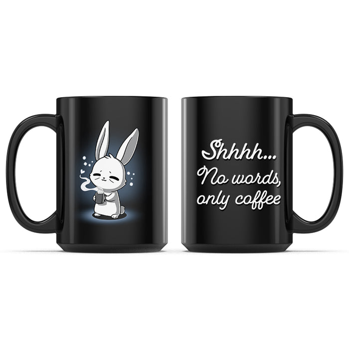 Ceramic Mug_TeeTurtle No Words, Only Coffee black featuring a tired bunny inhaling the scent of coffee with a relieved expression.