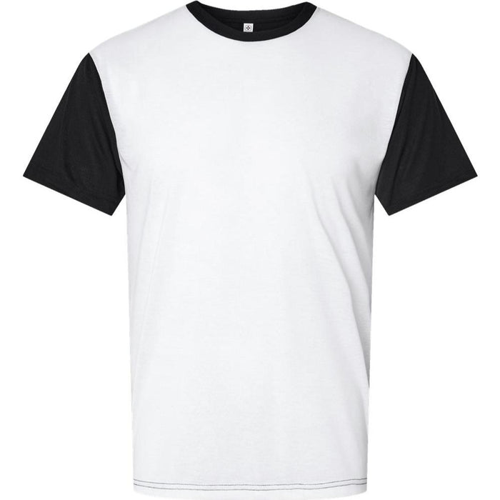 White t-shirt with black sleeves on a white background