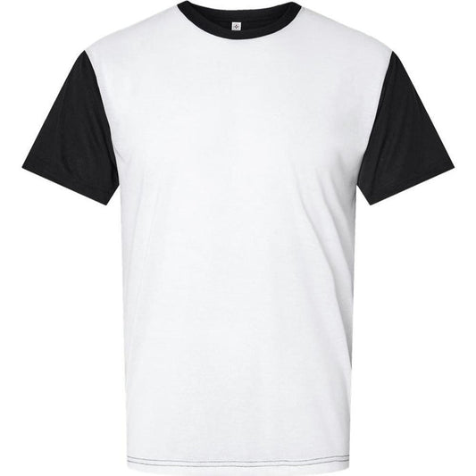 White t-shirt with black sleeves on a white background