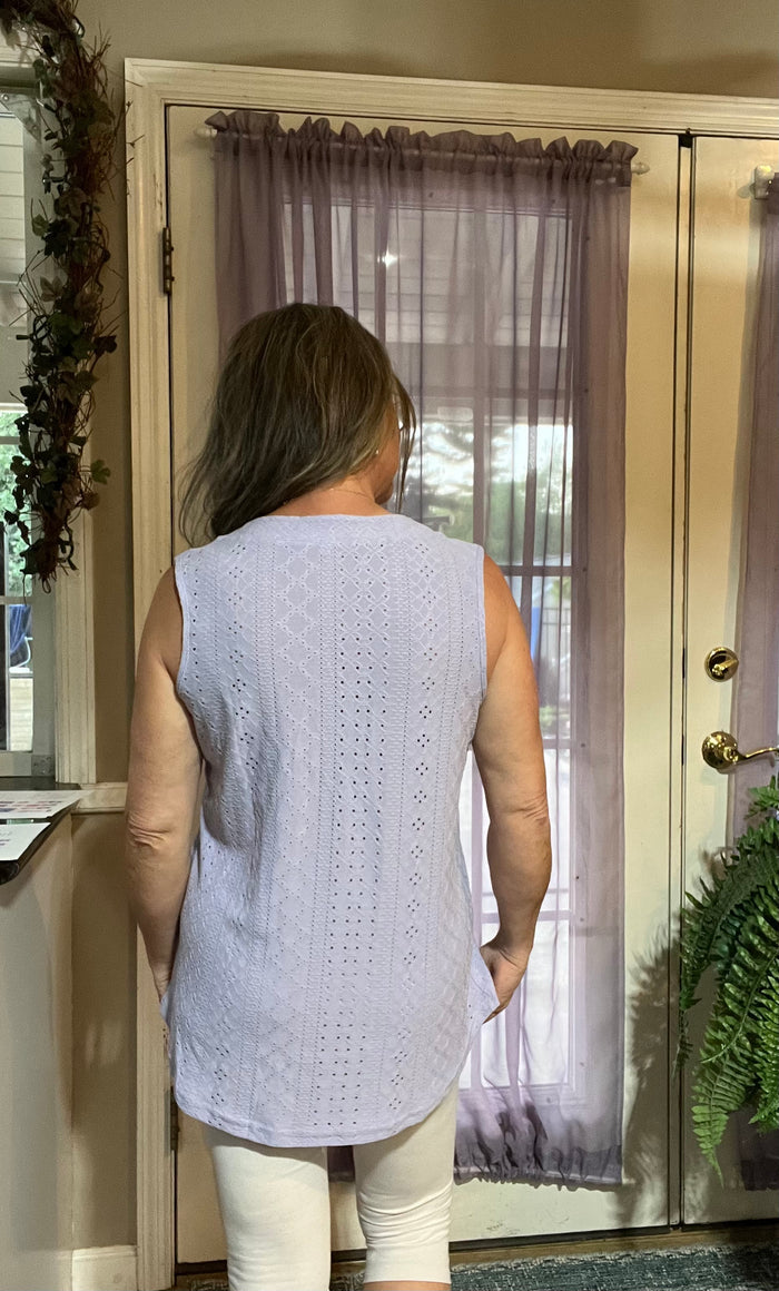 Notched Neck Curved Hem Eyelet Tank - 8 colors