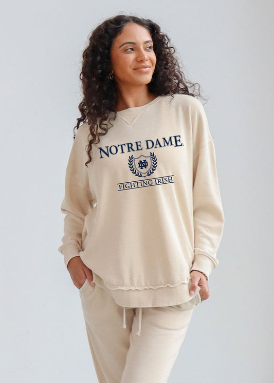 Notre Dame Fighting Irish Women's Oatmeal Relaxed Burnout fleece Sweatshirt with crew neck, dropped shoulders and hi-lo curved hem